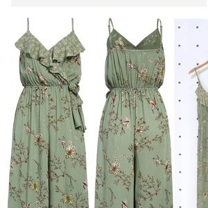 Flora & Fauna Print Ruffle Jumpsuit- Light Green M